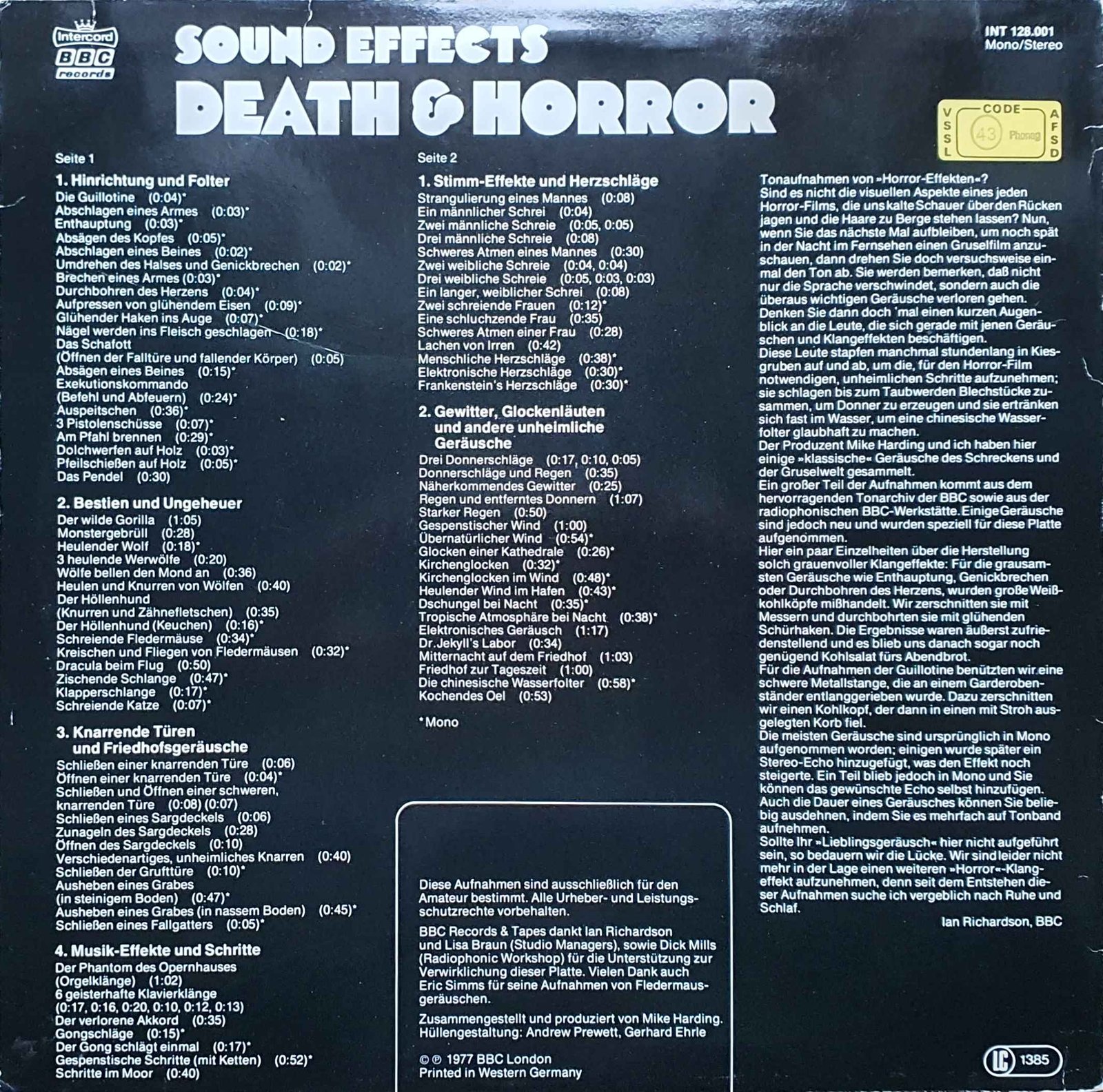 Picture of INT 128.001 Death and horror sound effects by artist Mike Harding from the BBC records and Tapes library